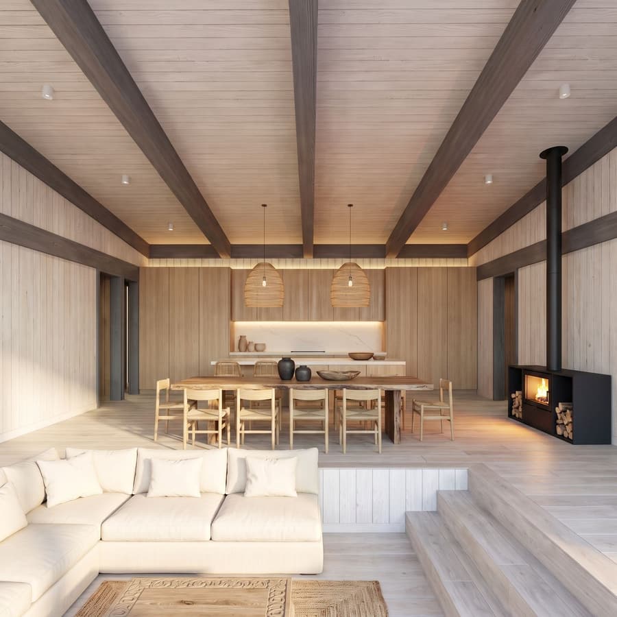 Comedor y cocina con vigas de madera a la vista