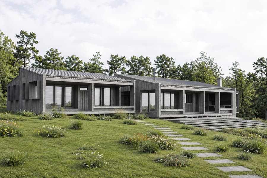 Fachada con galerías de madera y sendero de acceso